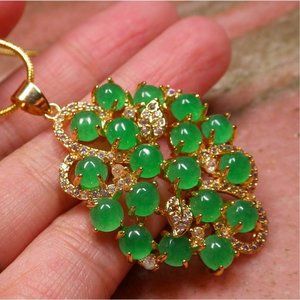 Yellow Gold Plate Green JADE Pendant Flower Cabochon Diamond Imitation
